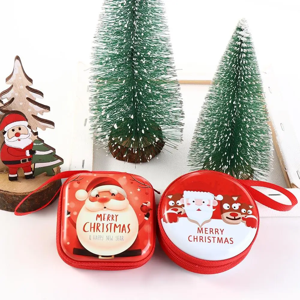 Merry Christmas Ornament Cute Tinplate Coin Purse Mini Wallet Keyrings Red Round Shape Pocket Bags Snowman Elk Santa Claus