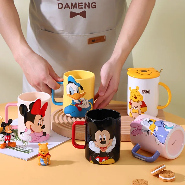 디즈니 미키 미니 마우스 컵 큰 용량 음료 용기 핸들 세라믹 뜨거운 물 컵 머그잔 우유 커피 컵