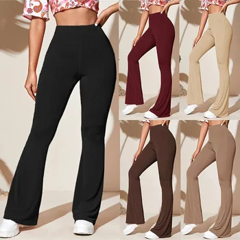 Women Summer Full Length Elastic Waist Yoga Pants Sexy Slim High Waist Wide Leg Long Trousers Casual Solid Knitted Flare Pants