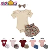 Newborn Baby Girl Clothes Set Summer Solid Color Short Sleeve Romper Flower Shorts Headband 3Pcs Outfit New Born Infant Clothing 1