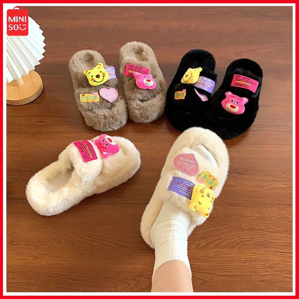 

Miniso Lotso Winter New Kawaii Girl Heart Cartoon Fluffy Slippers Women Wear Home Warm Thick Sole Non Slip Flip Flops Birthday