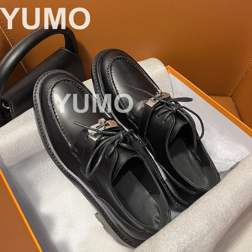 

Designer Spring Autumn Genuine Leather Lace Up Silver Buckle Lace Up Loafers Chunky Middle Heels Women Outfit Commute Shoes