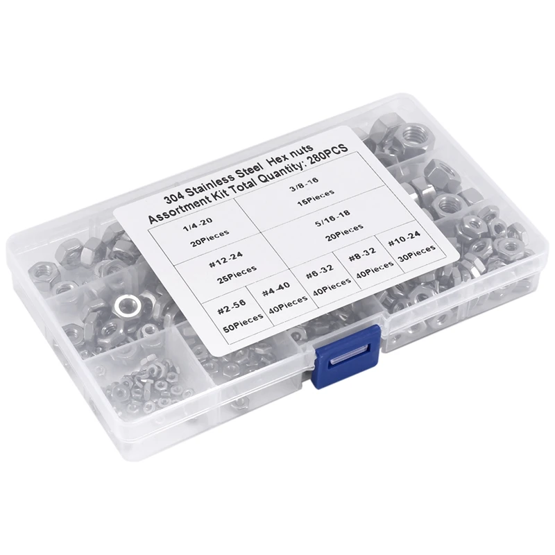 Stainless Steel Nuts 2-56 To 3/8Inch-16 UNC Hex Nuts Assortment Kit For Screws Bolts-280Pcs