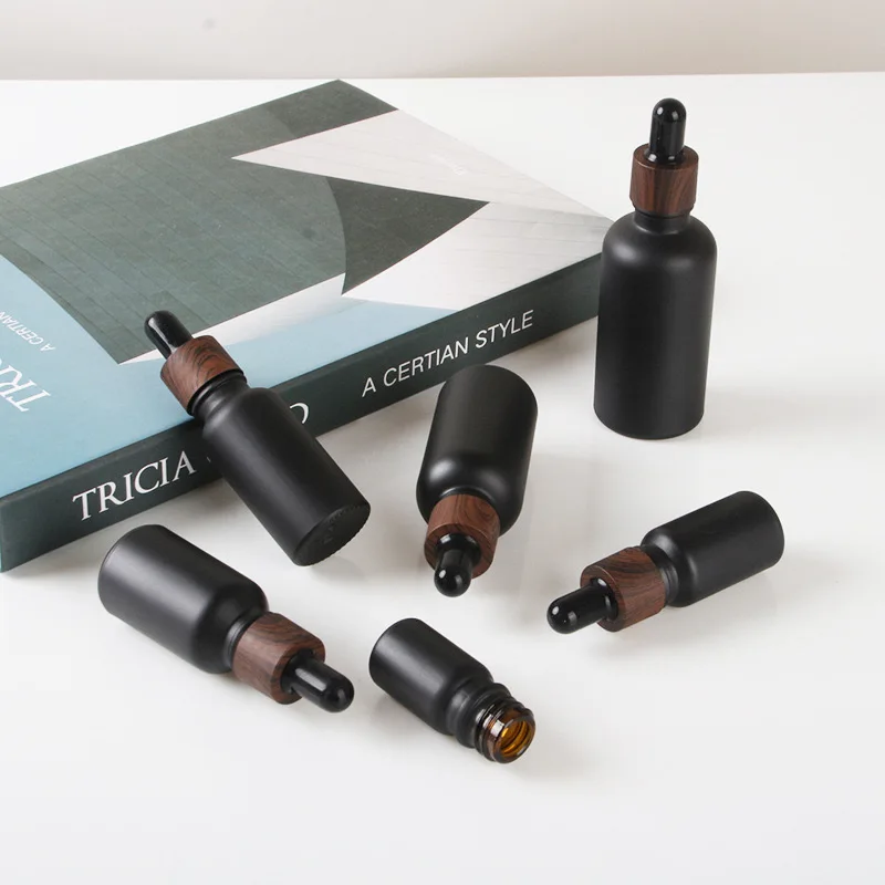 20/30X Frosted Black Bamboo Cap Glass Dropper Bottle Essential Oils 5ml-100ML Glass Dripper Portable Refillable Travel Bottle 2
