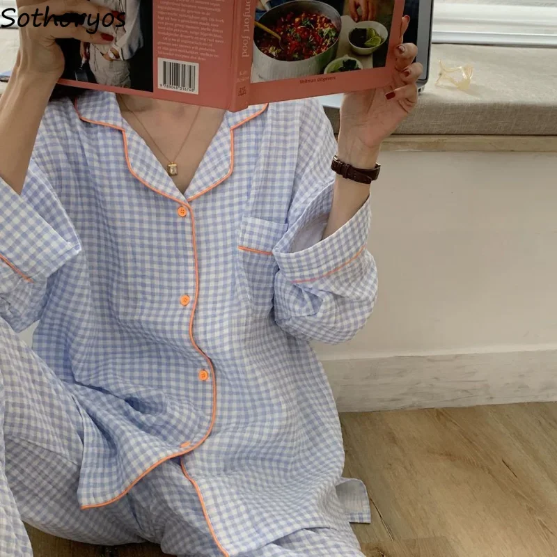 

Пижамный комплект Женский в клетку, простой удобный домашний пижамный комплект в Корейском стиле для студентов, универсальная классика, Модный повседневный деликатный
