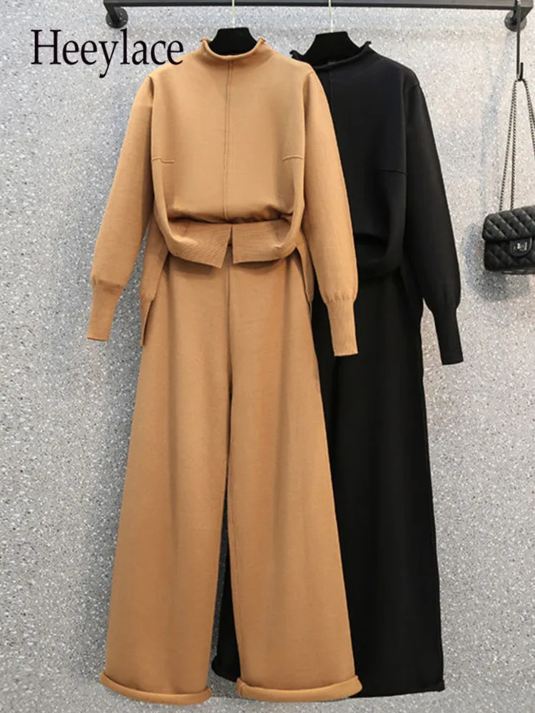 

Winter Warm Knitted Two Pieces Sets Womens Outfits Office Ladies Long Sleeve Sweater Top And Wide Leg Pants High Quality Sets
