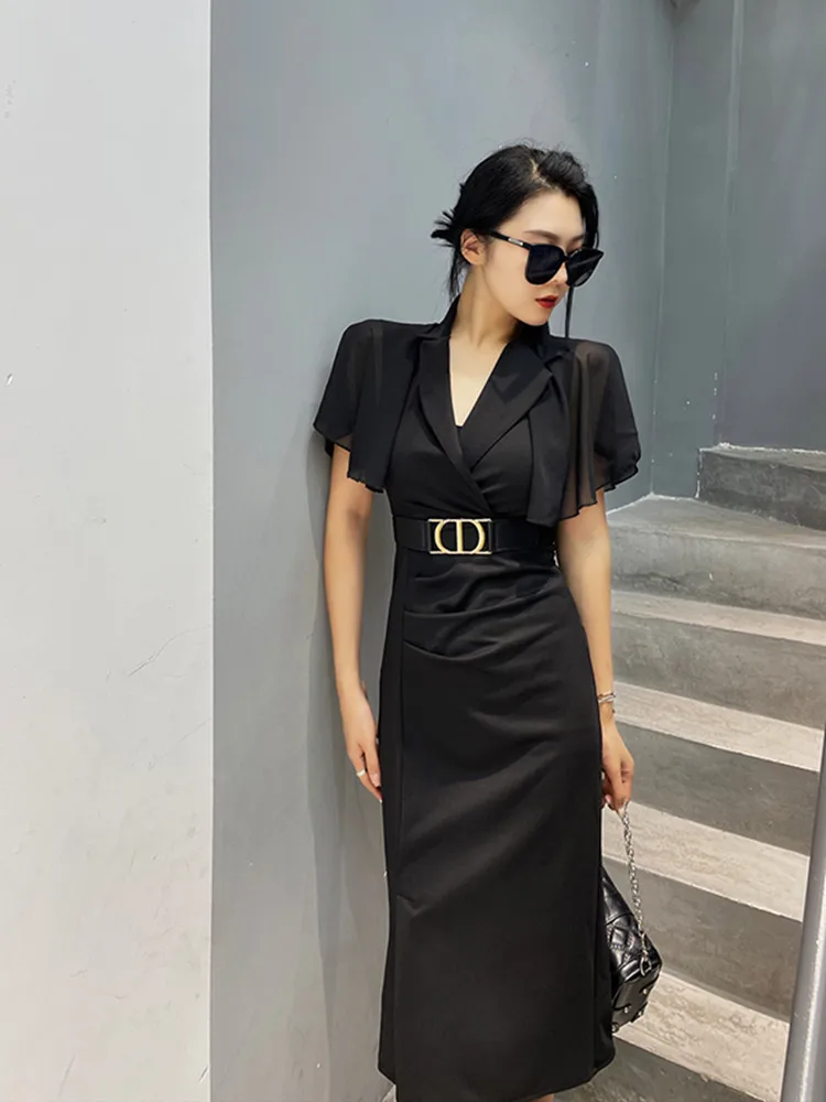 

DALMAZZO Korean Summer Fashion Temperament Long Dress Women Notched Patchwork Mesh Sleeve Slim Elegant Belt Vestidos Mujer