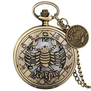 Бронзовые кварцевые карманные часы с длинной цепью скорпиона 12 подвеска Созвездия ожерелье для мужчин и женщин ювелирные изделия подарок с аксессуарами скорпиона