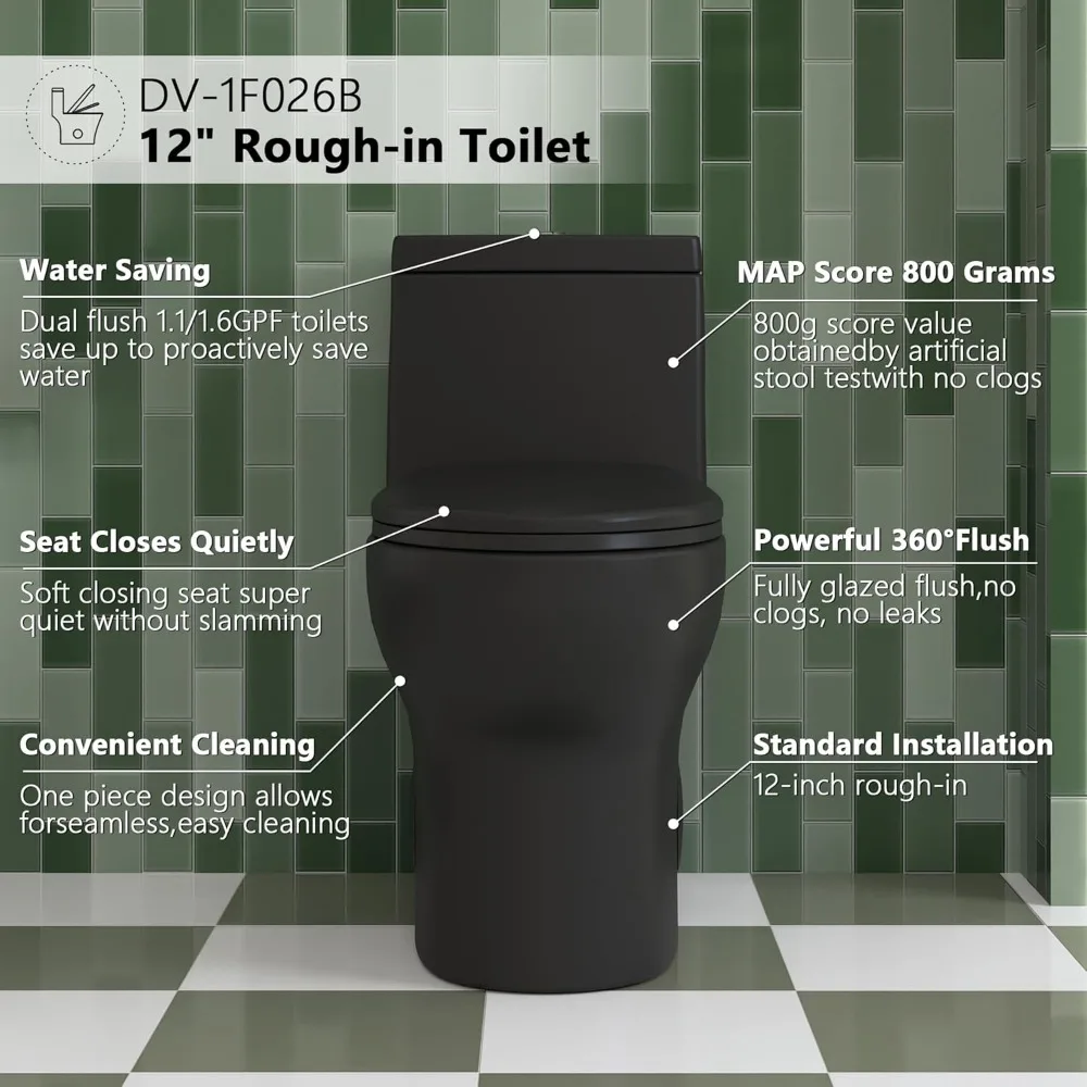 Elongated One Piece Toilet, Dual Flush 1.1/1.6 GPF Toilets with Comfortable Seat Height, Modern Standard Toilet