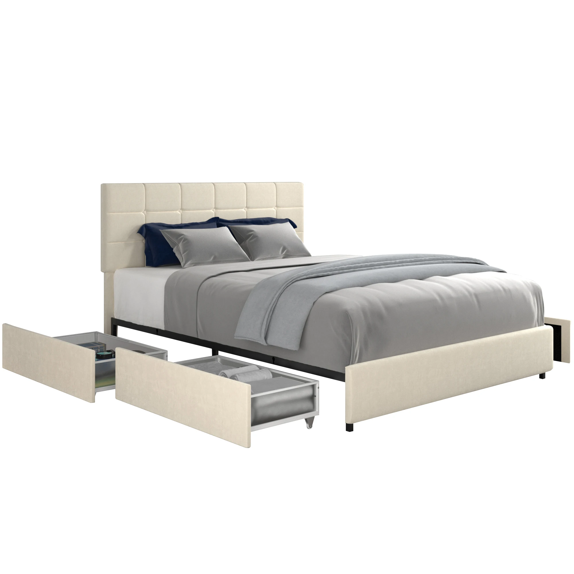 

Velvet Upholstered Platform Bed with Patented 4 Drawers Storage, Square Stitched Button Tufted Headboard, Wooden Slat Mattress