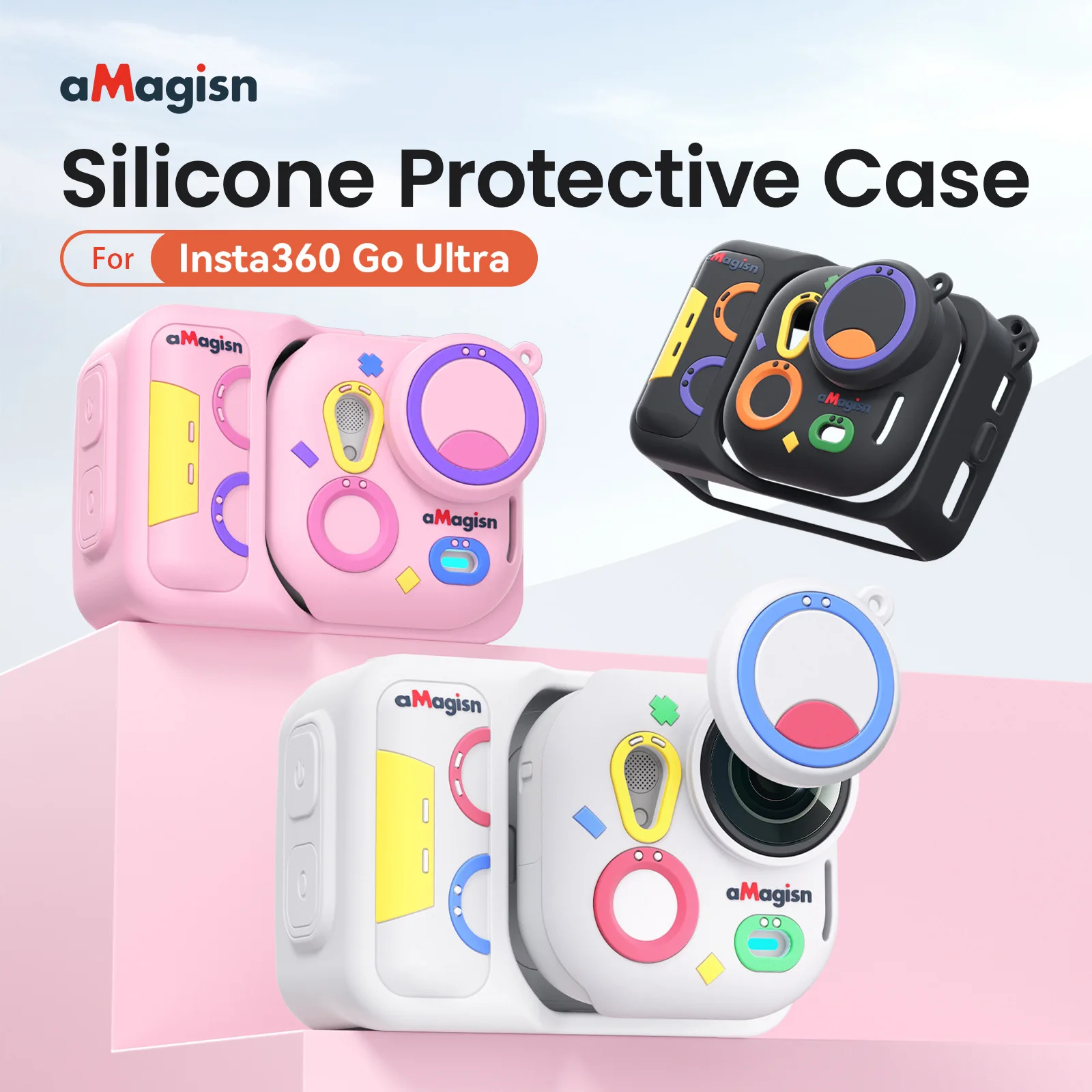 Custodia in silicone aMagisn per Insta360 Go Ultra, custodia protettiva per personalità colorata con copriobiettivo staccabile e accessori per cinturino