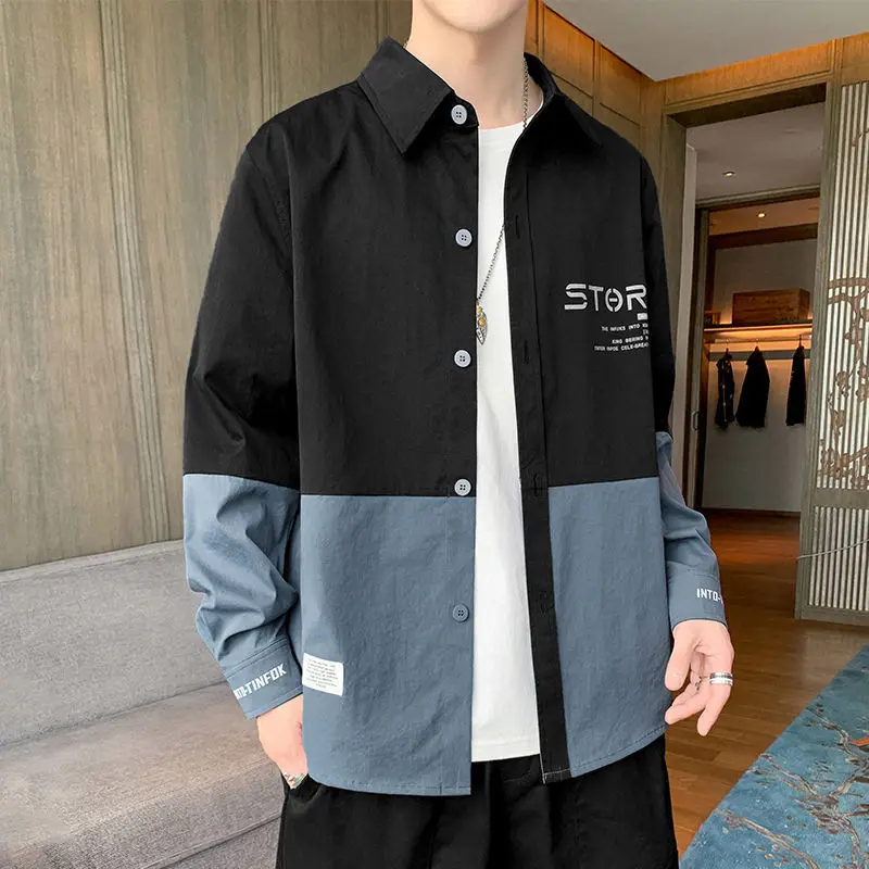 Fashion Printed Button Spliced Letter Shirts Men Clothing 2022 Autumn New Oversized Casual Tops Loose Korean Shirt