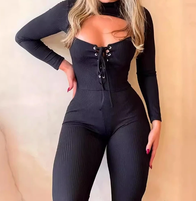 Women's Jumpsuit Elegant Commuting Summer Sexy Round Neck Long Sleeve Hollow Lace Up Solid Color High Waist Tight Fit Jumpsuit