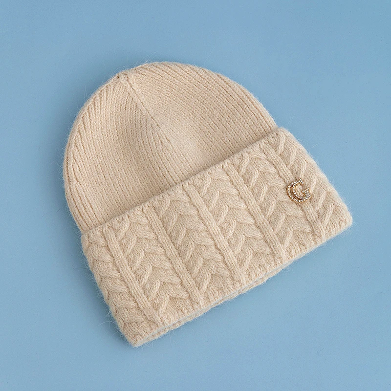 New Style Simple Dandy Winter Hat G Letter Decor Rabbit Fur Beanie Elegant Winter Hats For Women Candy Colors Warm Knit Hats