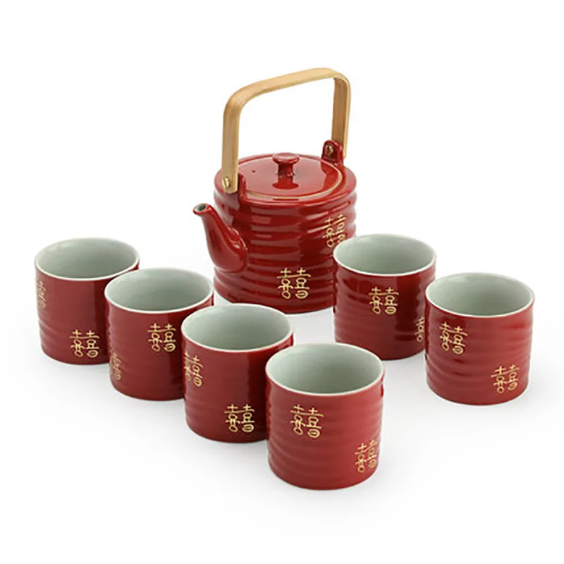Household Ceramic Tea Pot Set, Teacup Teapot, Customized Chinese Red Wedding Supplies, Bride Gift, Dowry, Marriage Celebration
