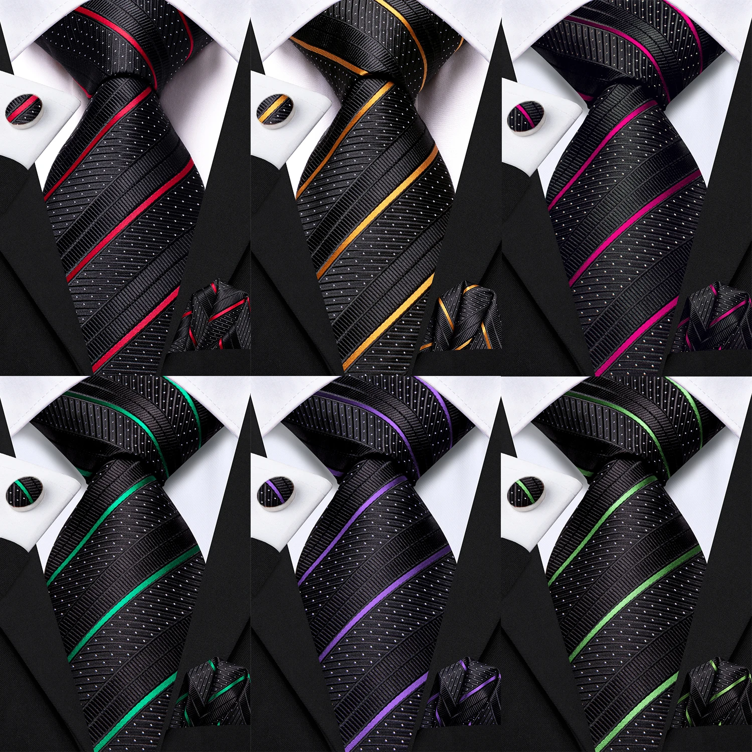 Hi-Tie rayas negro púrpura rojo verde hombres elegante corbata pañuelo gemelos para esmoquin moda clásica seda corbata de lujo para hombre