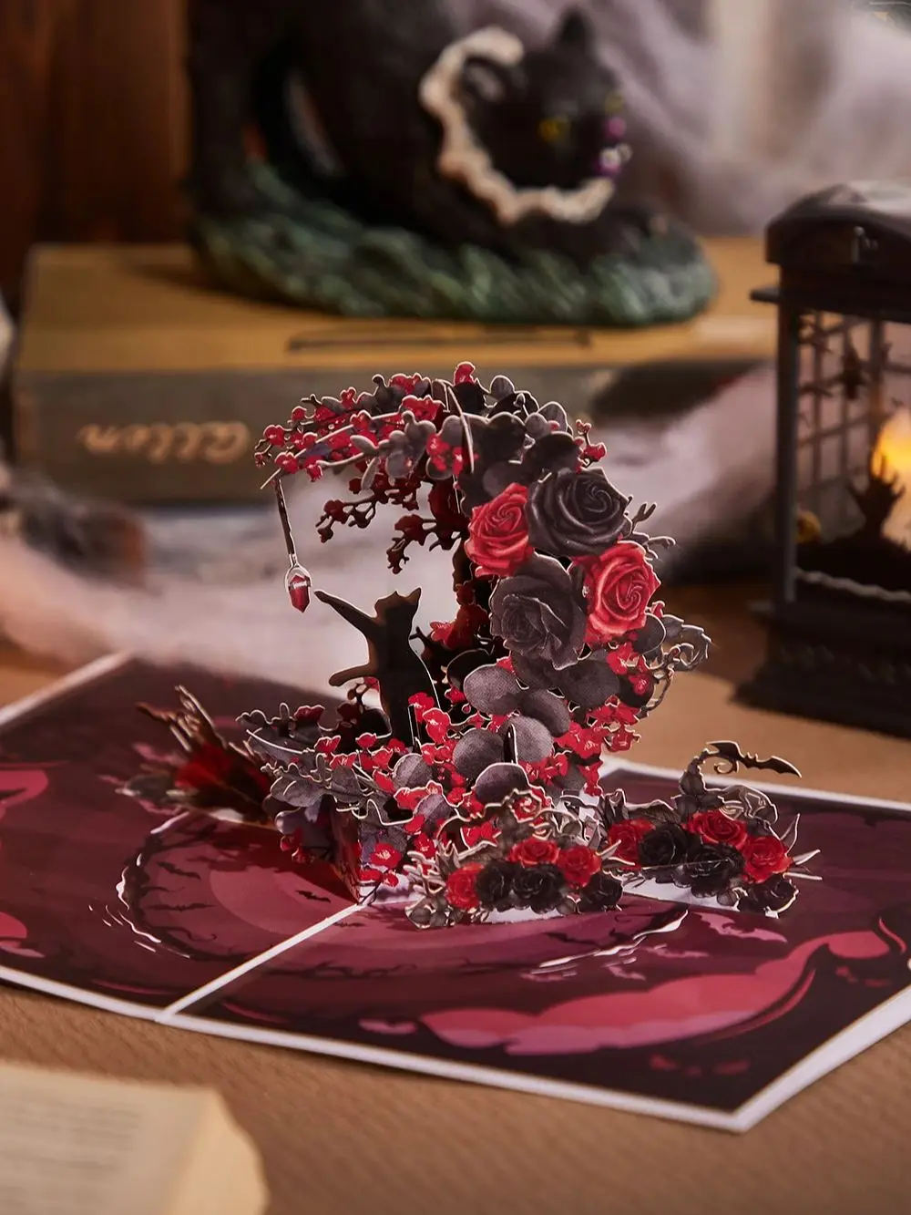 Exquisite Crescent-Shaped 3D Pop-Up Greeting Card – Elegant Black & Red Rose with C... - SKU PGC02230 - UGI Packaging