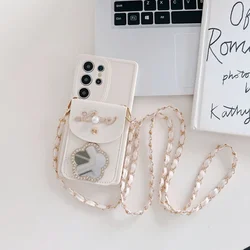 Elegant Mirror Wallet Case with Strap and Card Slot - Crossbody Lanyard with Floral Design - S23 Plus (White TaiJie)