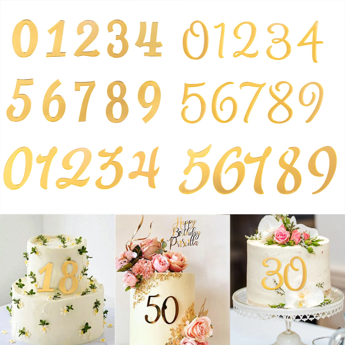 Golden Number 0-9 Mirror Acrylic Cake Toppers Birthday Number Cake Decoration for Kids Adult Wedding Anniversary Party Supplies