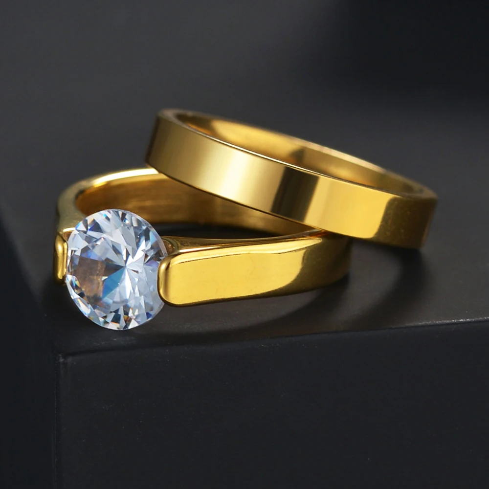 Wedding Rings Finger Ring Titanium Crystal Zircon Stainless Steel Rings Gold Color Ring For Men Women Wedding Anniversary Jewelry Gift