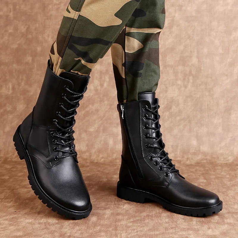 Winter Boots US Combat Boots TrendBoots Plus Velvet Men Genuine Leather Snow Side Zipper Motorcycle High Mens Leather Boots Motorcycle Leather Boots