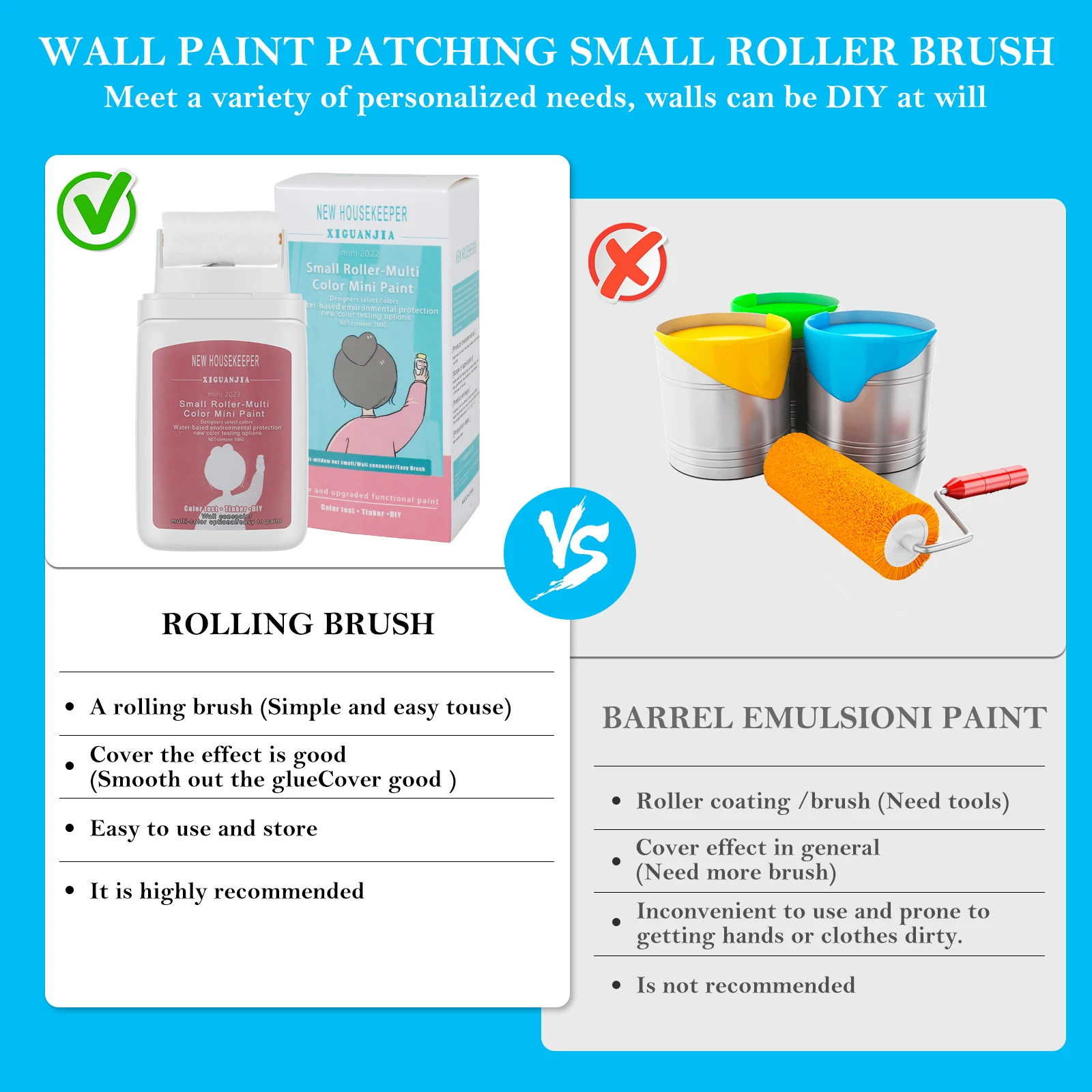 2PCS Paint For Wall Small Roller Brush Wall Repair Tool Eco-friendly Latex Paint with Roller Brush Low VOC Non-Toxic White Grey