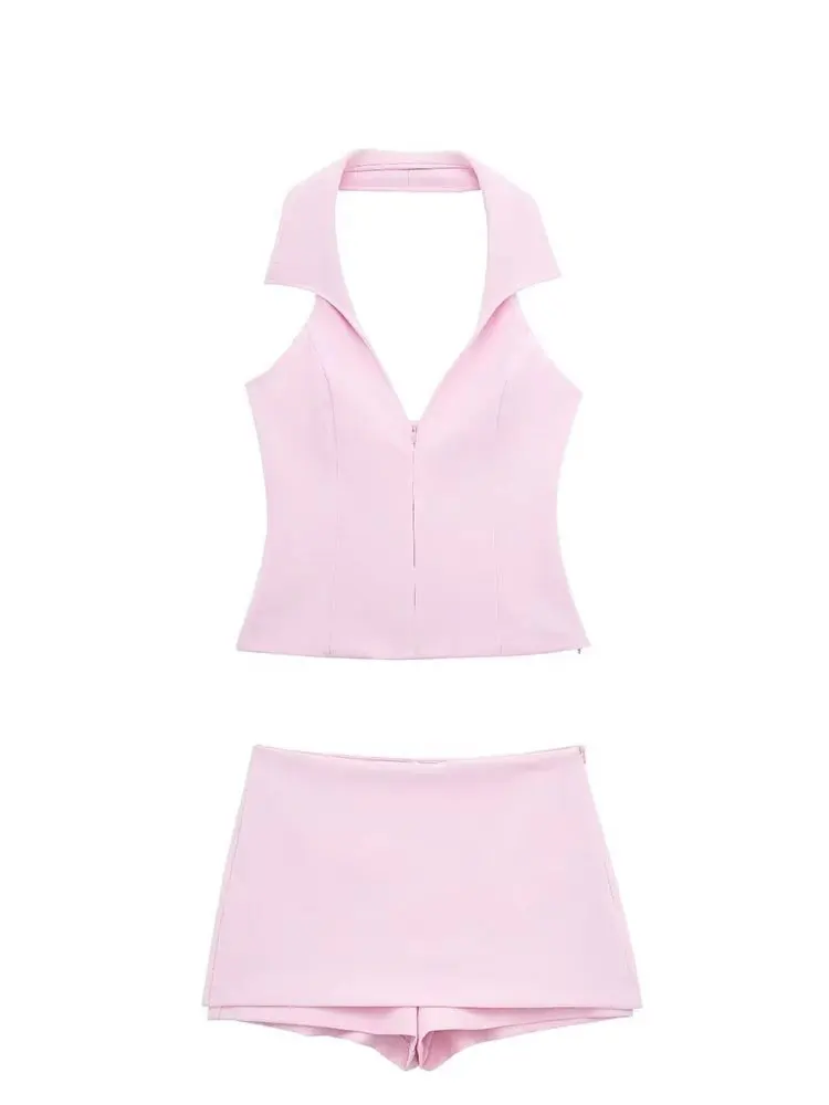 HH Women Casual Skirts Shorts Set Chic Halter Shirt Neck Backless Top & Shorts Sweet Pink Summer Sexy Shorts Sets