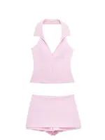 HH Women Casual Skirts Shorts Set Chic Halter Shirt Neck Backless Top & Shorts Sweet Pink Summer Sexy Shorts Sets - Image 2