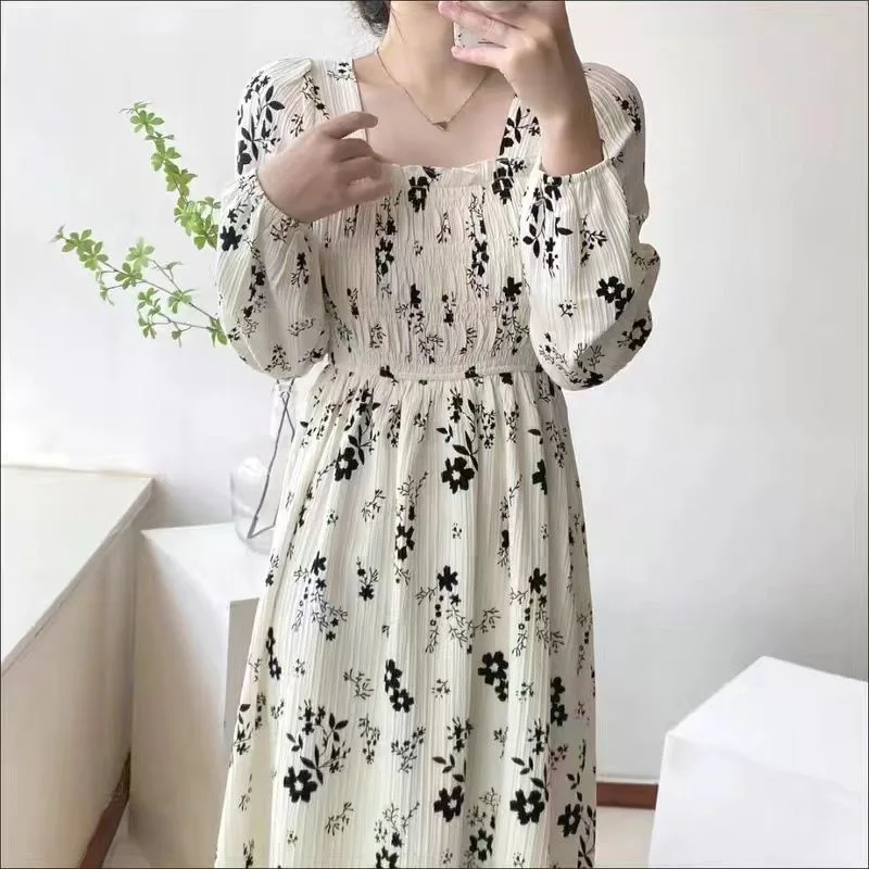 Vestido Midi Floral Estampado para Mulheres Vestido Elegante de Shirring para Senhora do Escritório Dobras Emendadas Roupas Soltas para Mulheres Novo Outono 2023 2 Computers e Electronics