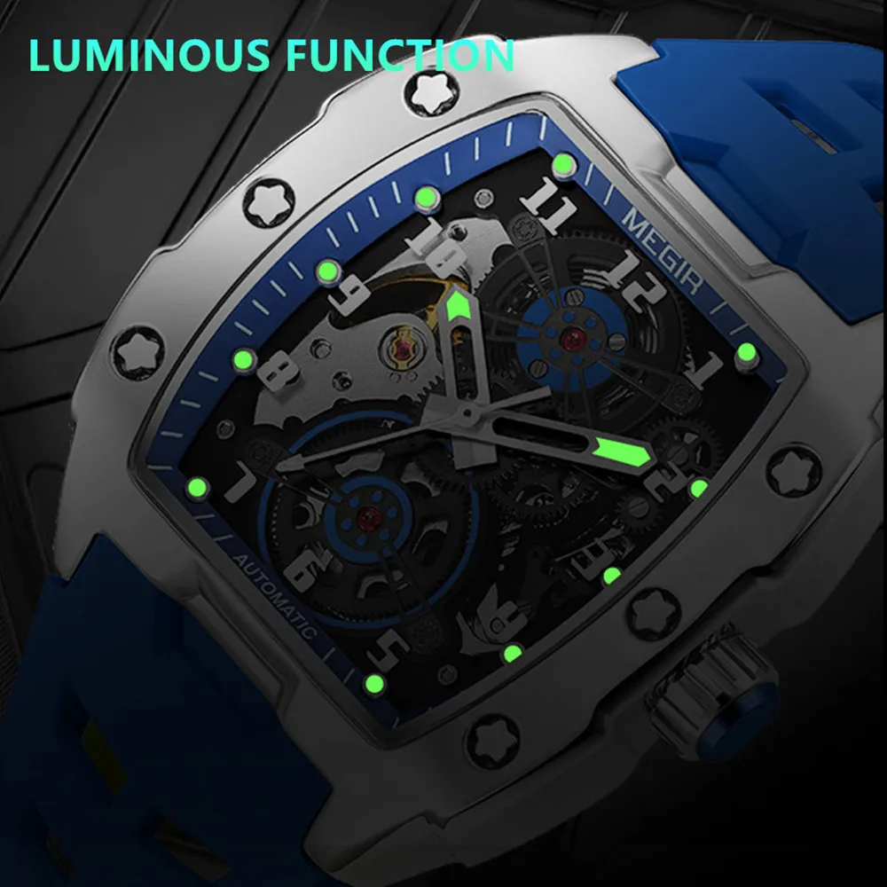 MEGIR Automatic Mechanical Watches for Men 43MM Tonneau Skeleton Dial Man Wristwatch Waterproof Luminous Male Clock Reloj Hombre - 5