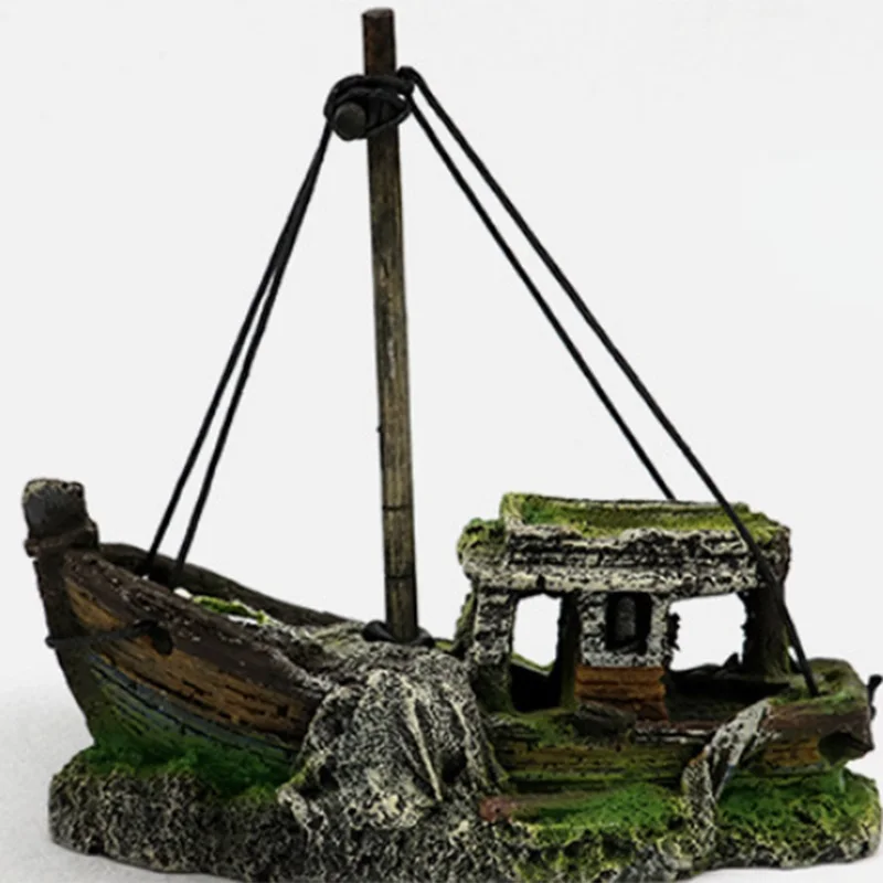 1Pc Fish Tank Ornaments Retro Aquarium Fish Tank Landscape Wreck Ship Decoration Hollow Cave Resin Boat Statues