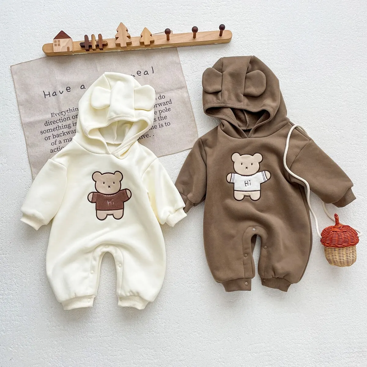 Baby Clothes Bear Hooded Jumpsuit Winter Warm Thick Long Sleeved for Boys Girls 0-24 Months Old