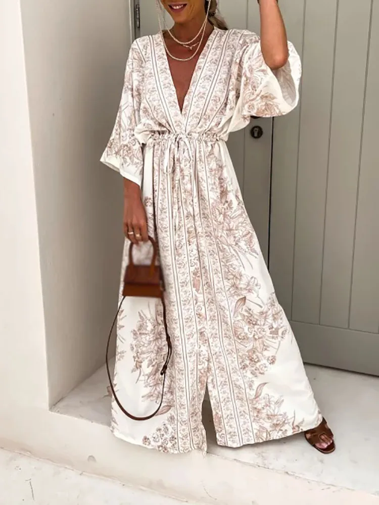 

Women Elegant Pattern Print Party Dress 2023 Summer Fashion Tie-Up Long Dress Ladies New Casaul Short Sleeve Beach Dress Vestido
