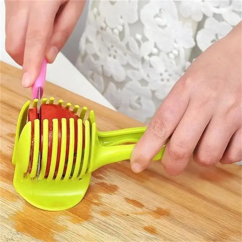 Tomato Lemon Slicer Bracket Multipurpose Handheld Round Fruit Tongs Stainless Steel Onion Holder Slicer Fruits Cutter