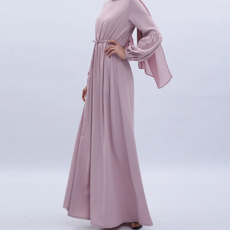 Muslim Abayat Dress for Women, Monochromatic, Lantern Sleeves, Elastic Cuff, Elegant Robe, Slim and Elegant, Europe and America