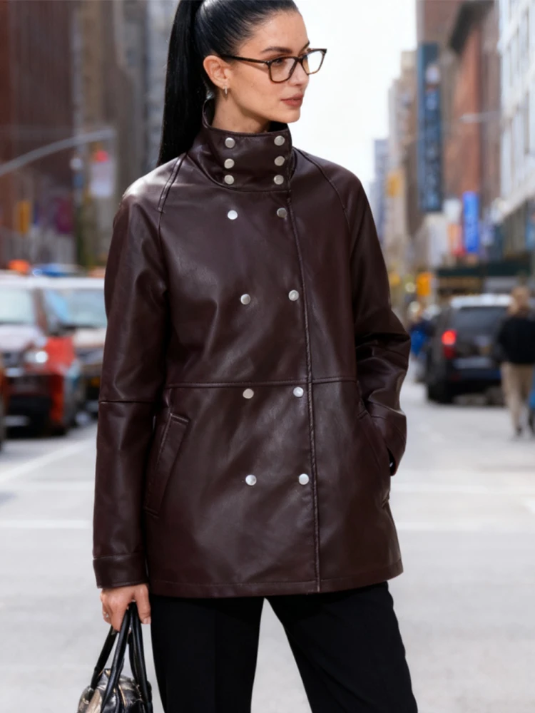 Women's Jacket Autumn 2025 New Fashion Leather Slim Jackets For Women Long Sleeve Stand Collar Coat Street Casual New Outerwear