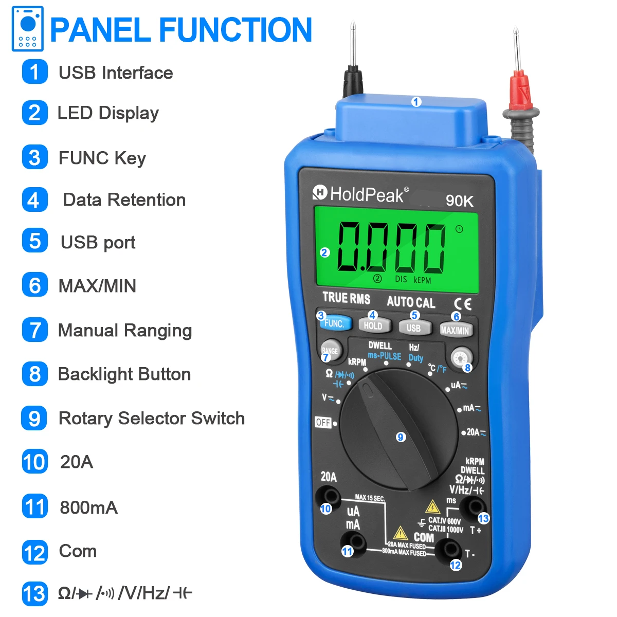 HoldPeak HP-90K Engine Analyzer Tester Auto Range Car Diagnostic Tool Data Output by USB Automotive Multimeter Multimetro
