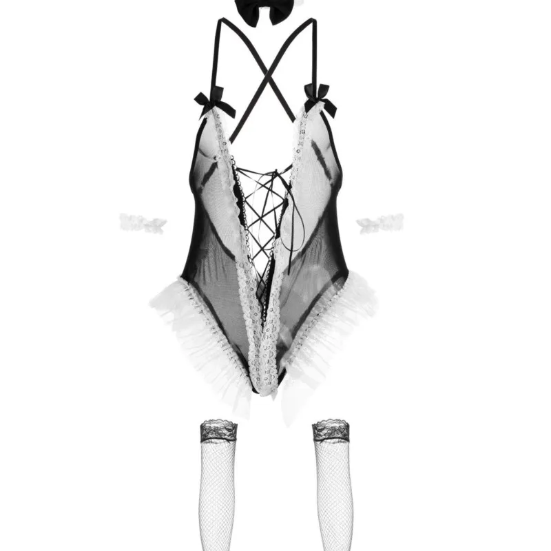 Women Lingerie Sexy Cosplay Uniforms Rabbit Girl Tie Up Open Cut Jumpsuit Small Chest Pure Desire Perspective