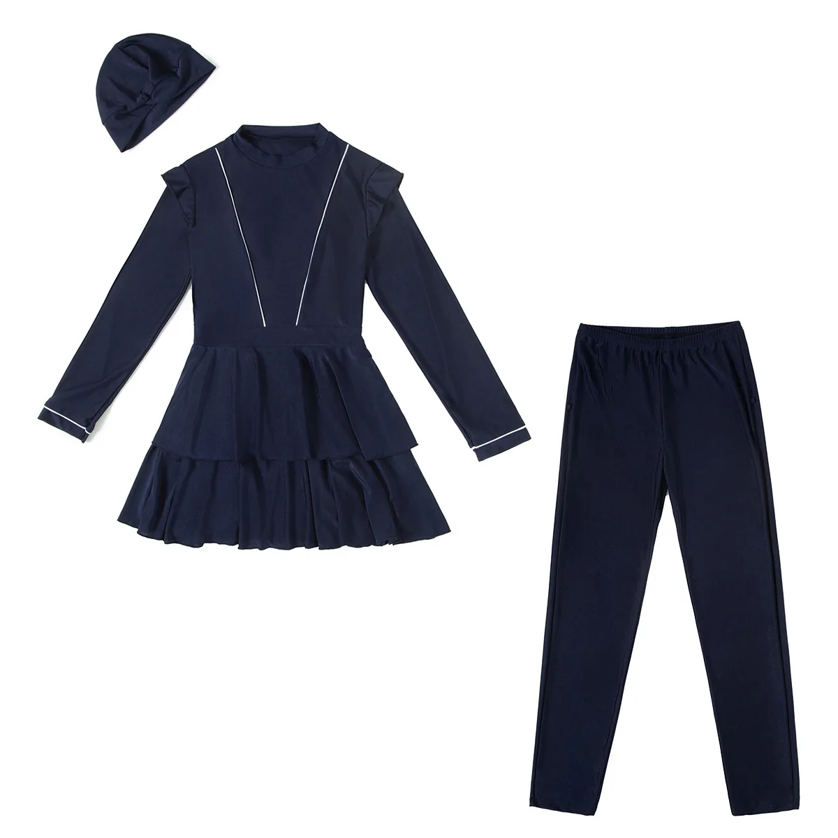 Modest Three Piece Sportswear Suit Muslim Swimwears with Nylon and Ruffles for Women in Southeast Asia Burkini Femme Musulmane