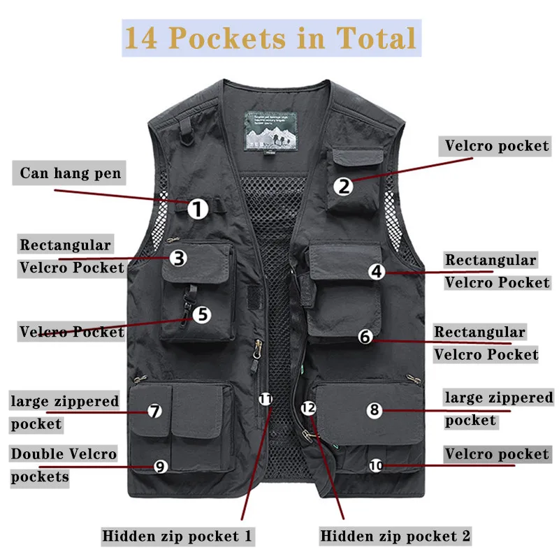 Description Picture 5 of item7XL 14 Pockets Summer New Men US Tactical Hiking Fishing Vest Man Photographer Waistcoat Mesh Cargo Sleeveless Jacket Tool Vest