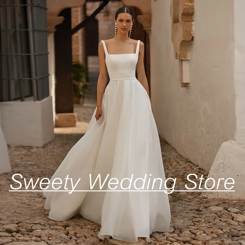 A Line Organza Wedding Dresses for Woman Bride Square Neck Sleeveless Sweep Train Backless Vestidos De Novia Bridal Gowns 3