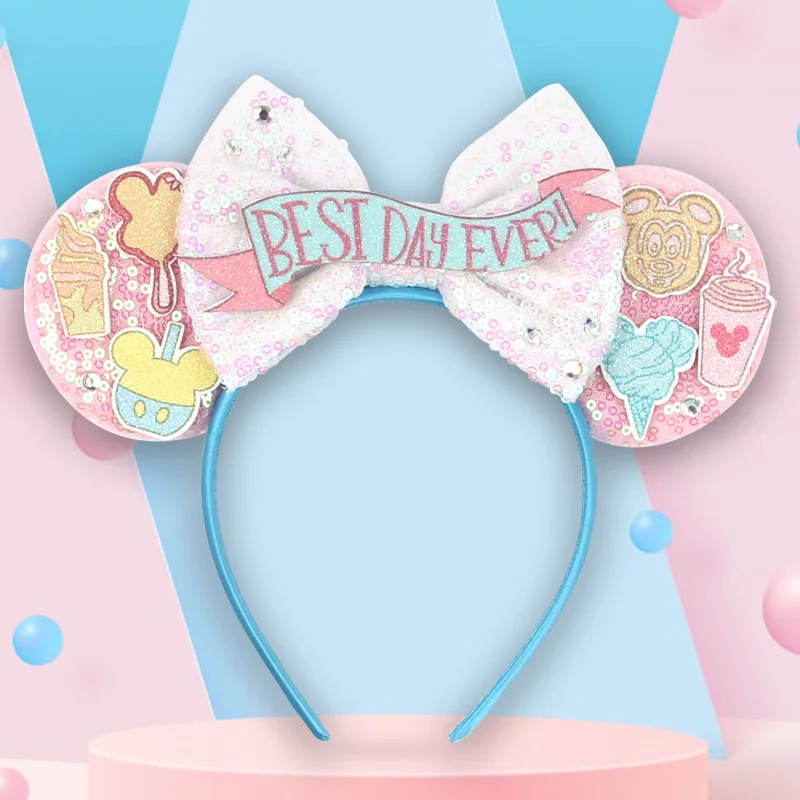 Disney Children's Birthday Mickey Headbands Mickey Ears Hair Accessories Colorful Letter Sparkle Bow Amusement Park Headwear