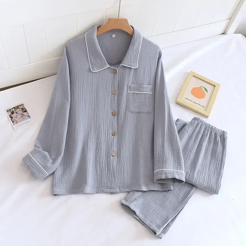 

Autumn Solid Cotton Sleeve Mujer Women Fresh Casual Pajamas Long Crepe Breathable Pijama Pyjamas Sets Soft Lovers Men