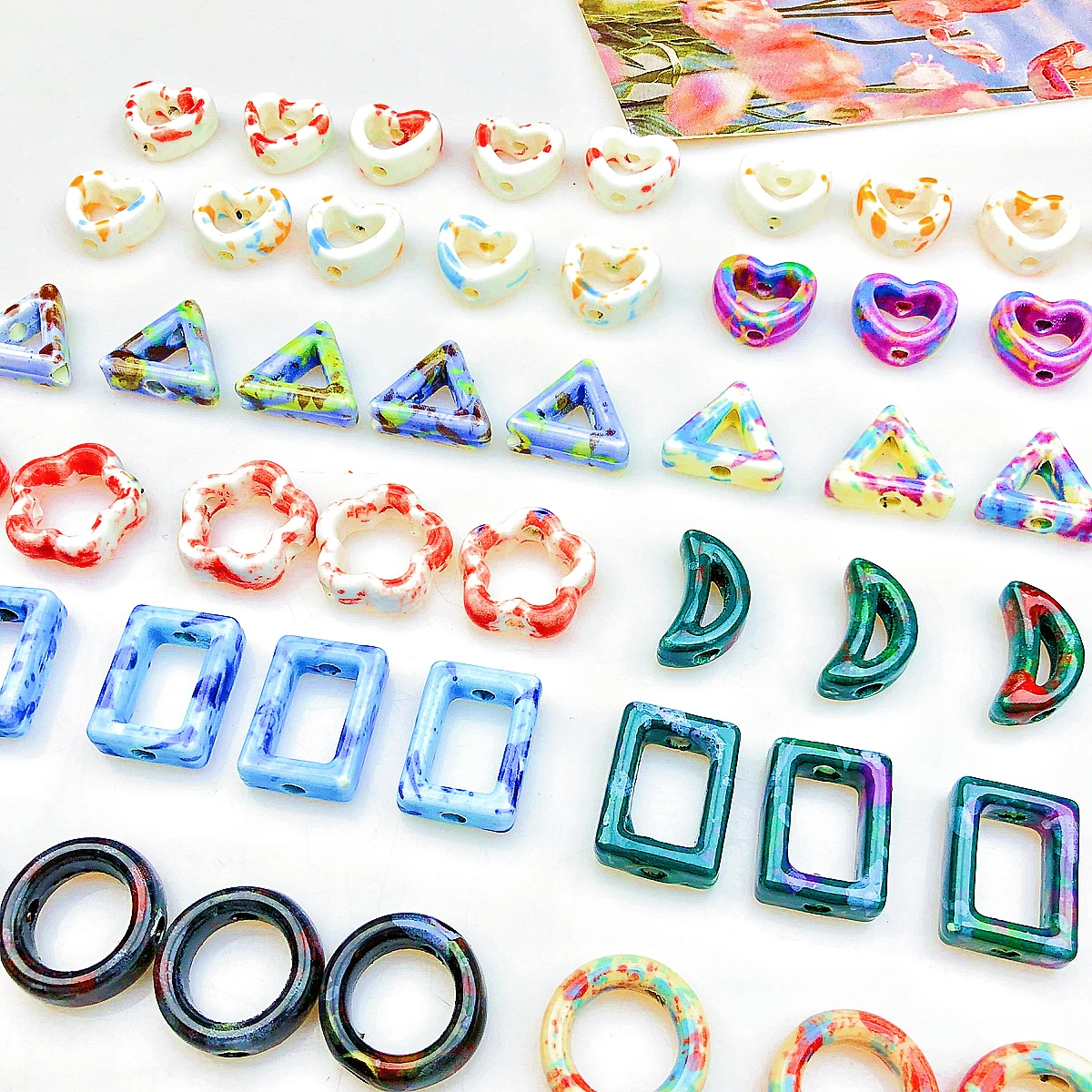 

Speckled irregular pattern geometric hollow heart flower square ceramic bead loose bead DIY bead accessories