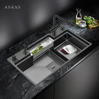 ASRAS Large Size Nanometer Black Kitchen Step Sink SUS 304 Stainless Steel 4mm Thickness Handmade Step Single Kitchen Sinks 1