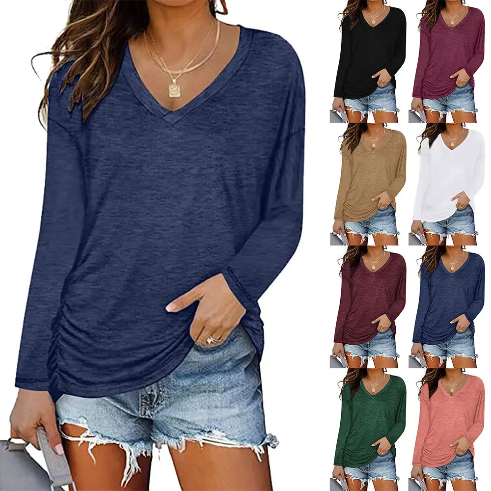 

Women's Solid Color Doll Sleeve Side Ruched V-Neck Long Sleeve Women Top Fashion Commuter Loose All-match T-Shirt Lady