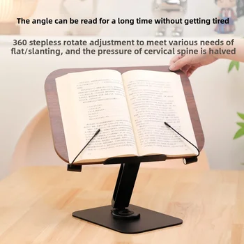 Desktop Book Stand for Reading with 360° Rotating Base Wooden Panel & Page Clips Foldable and Angle for Reading Book Holder 2