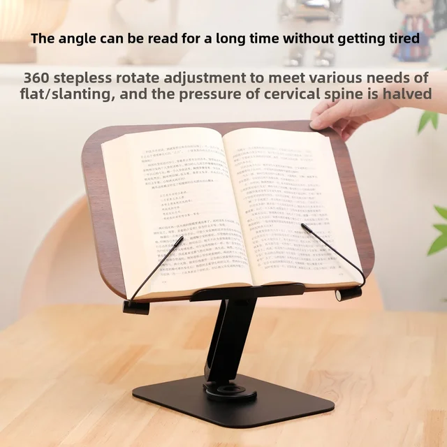 Desktop Book Stand for Reading with 360° Rotating Base Wooden Panel & Page Clips Foldable and Angle for Reading Book Holder 2