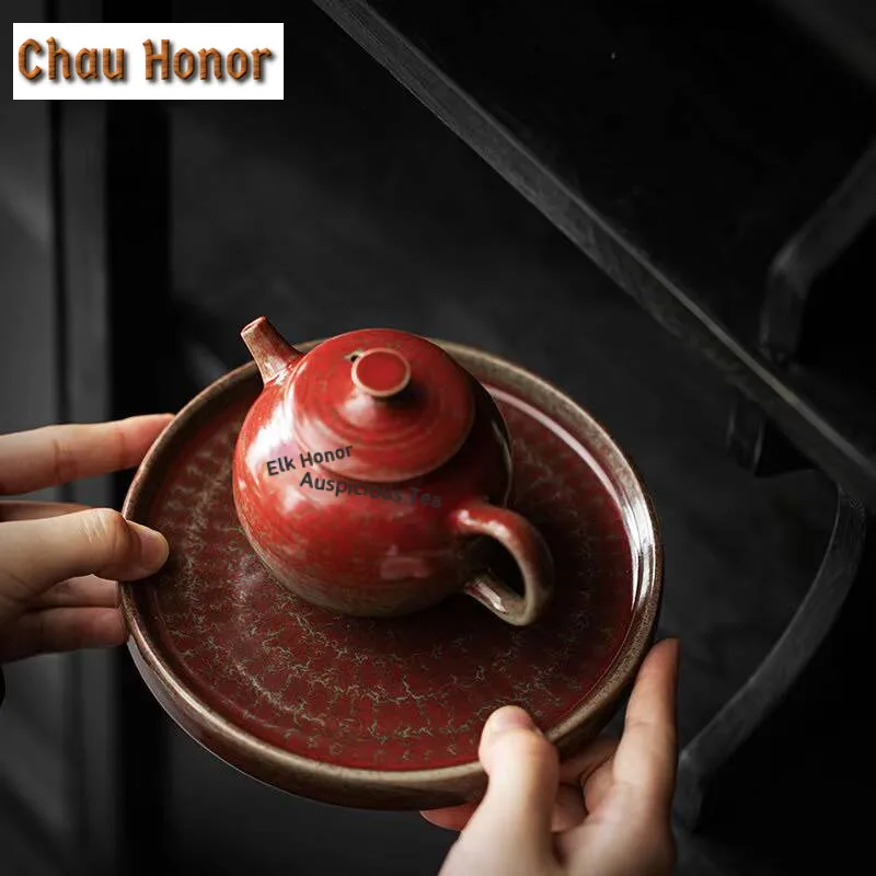 Creative Garnet Red Ceramic Pot Bearing Plate Hammer Pattern Dry Bubble Tray Teapot Holder Tea Table Fruit Plate Kung Fu Teaset