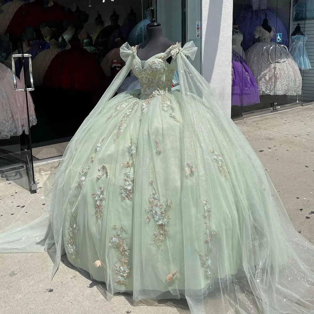 

Mint Green 3D Flower Bead Quinceanera Dresses With Wrap Spaghetti Strap Corset Sweet 15 Gowns Vestidos De Quinceañera Ball Gown